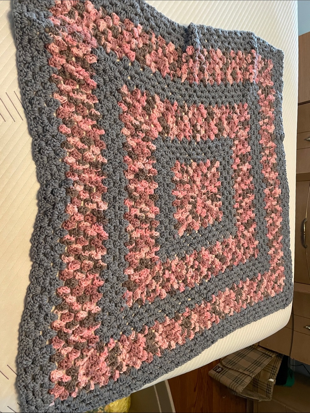 34” handmade Gray and Pink Crochet granny square Throw Blanket